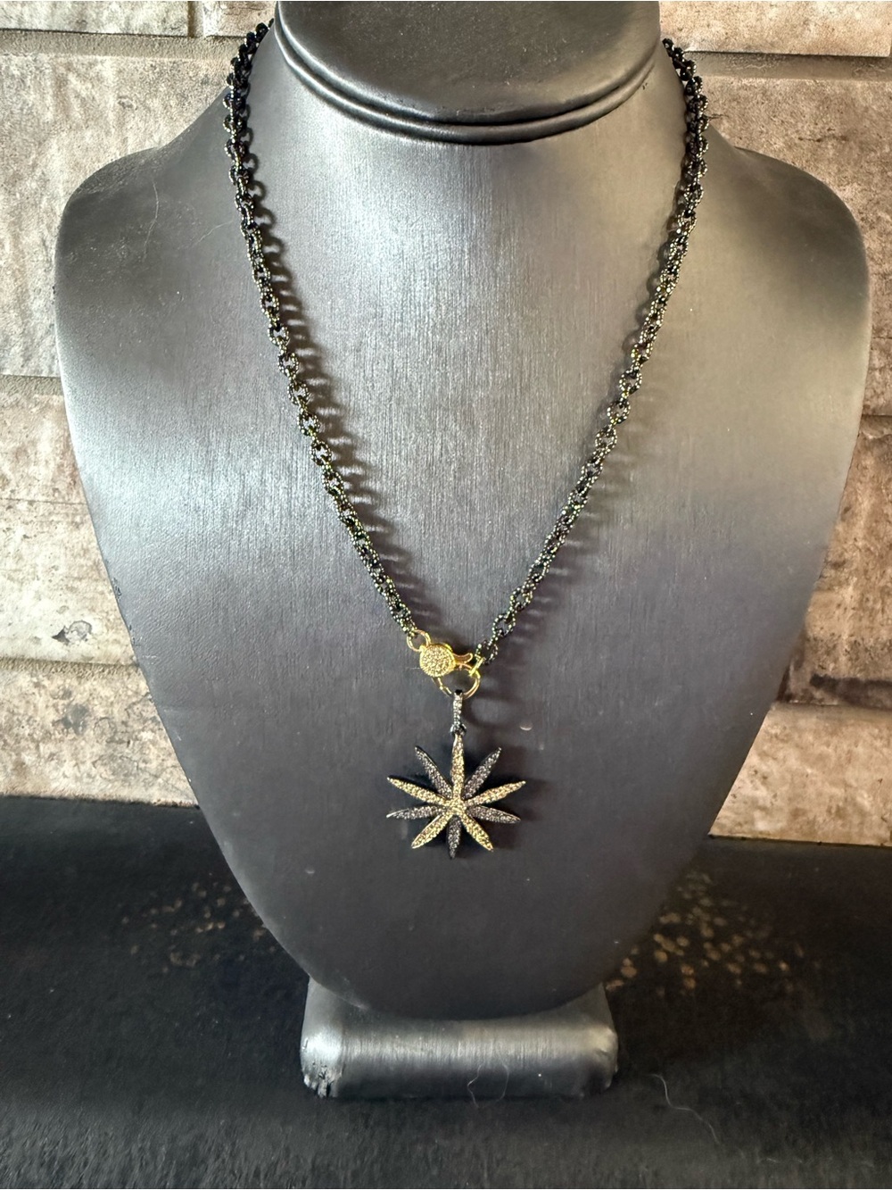 Freida Rothman Vault Gold and Black Starburst Pendant Necklace